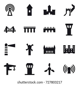 16 vector icon set : antenna, tower, castle, greate wall, bridge, airport tower, lighthouse, windmill, gothic architecture, palace, tower crane