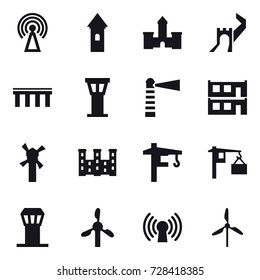16 vector icon set : antenna, tower, castle, greate wall, bridge, airport tower, lighthouse, modular house, windmill, palace, tower crane