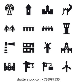 16 vector icon set : antenna, tower, castle, greate wall, bridge, airport tower, lighthouse, modular house, windmill, fort, palace, tower crane