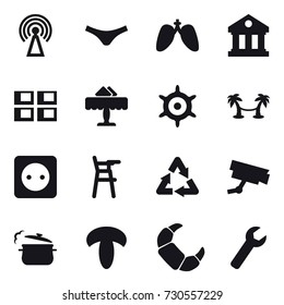 16 vector icon set : antenna, underpants, library, panel house, restaurant, handwheel, palm hammock, power socket, Chair for babies, steam pan, wrench