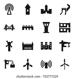 16 vector icon set : antenna, tower, castle, greate wall, bridge, airport tower, modular house, windmill, gothic architecture, palace, tower crane