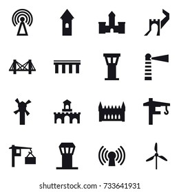 16 vector icon set : antenna, tower, castle, greate wall, bridge, airport tower, lighthouse, windmill, fort, gothic architecture, tower crane