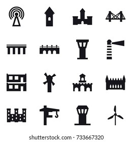 16 vector icon set : antenna, tower, castle, bridge, airport tower, lighthouse, modular house, windmill, fort, gothic architecture, palace, tower crane