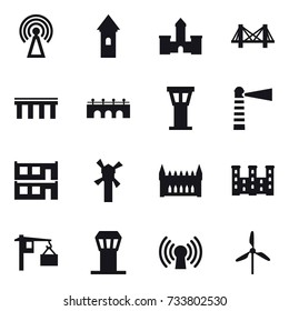 16 vector icon set : antenna, tower, castle, bridge, airport tower, lighthouse, modular house, windmill, gothic architecture, palace
