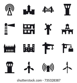 16 vector icon set : antenna, castle, bridge, airport tower, lighthouse, modular house, windmill, fort, gothic architecture, palace, tower crane