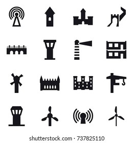 16 vector icon set : antenna, tower, castle, greate wall, bridge, airport tower, lighthouse, modular house, windmill, gothic architecture, palace, tower crane