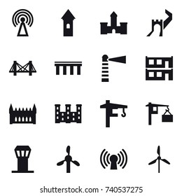 16 vector icon set : antenna, tower, castle, greate wall, bridge, lighthouse, modular house, gothic architecture, palace, tower crane, airport tower, windmill