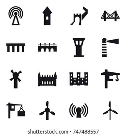 16 vector icon set : antenna, tower, greate wall, bridge, airport tower, lighthouse, windmill, gothic architecture, palace, tower crane