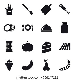 16 vector icon set : apron, spatula, cutting board, field, grape, eggplant, pear, peas