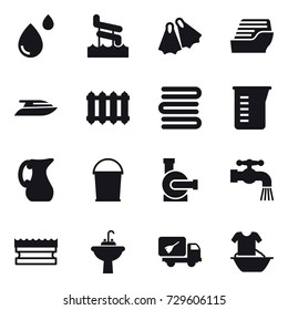 16 vector icon set : aquapark, flippers, cruise ship, yacht, radiator, towels, measuring cup, jug, bucket, water pump, water tap, sponge, water tap sink, home call cleaning, handle washing
