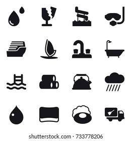 16 vector icon set : aquapark, diving mask, cruise ship, windsurfing, water tap, bath, pool, kettle, rain cloud, drop, sponge, soap, home call cleaning