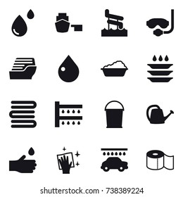 16 vector icon set : aquapark, diving mask, cruise ship, drop, washing, plate washing, towels, watering, bucket, watering can, hand drop, wiping, car wash, toilet paper