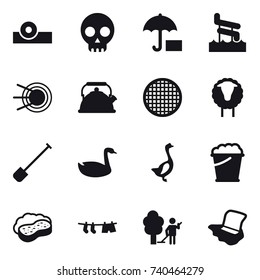 16 vector icon set : aquapark, kettle, sheep, shovel, goose, foam bucket, sponge with foam, drying clothe, garden cleaning, floor washing