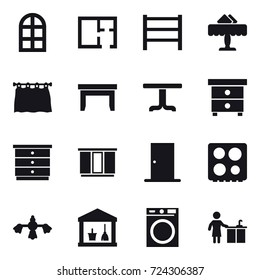 16 vector icon set : arch window, plan, restaurant, curtain, table, nightstand, chest of drawers, wardrobe, door, hard reach place cleaning, utility room, washing machine, kitchen cleaning