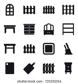 16 vector icon set : arch window, fence, table, chest of drawers, dresser, rack, stool, cutting board, knife holder, hive