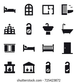 16 vector icon set : arch window, plan, hotel, do not distrub, bath, wardrobe, bed, crib, door, fireplace, utility room, please clean