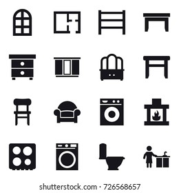 16 vector icon set : arch window, plan, table, nightstand, wardrobe, dresser, stool, chair, armchair, washing machine, fireplace, toilet, kitchen cleaning
