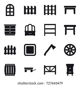 16 vector icon set : arch window, fence, table, chest of drawers, dresser, rack, stool, cutting board, axe, wheel, barrel, trailer, farm fence, hive