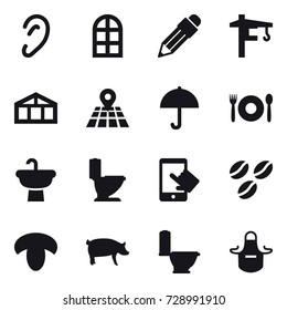 16 vector icon set : arch window, pencil, tower crane, greenhouse, cafe, toilet, coffee seeds, mushroom, pig, apron