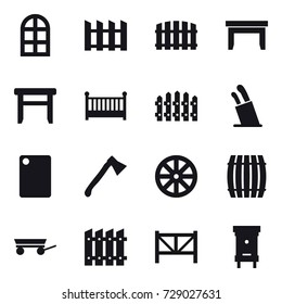 16 vector icon set : arch window, fence, table, stool, crib, stands for knives, cutting board, axe, wheel, barrel, trailer, farm fence, hive