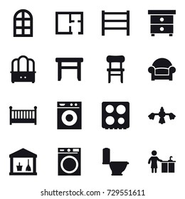 16 vector icon set : arch window, plan, nightstand, dresser, stool, chair, armchair, crib, washing machine, hard reach place cleaning, utility room, toilet, kitchen cleaning