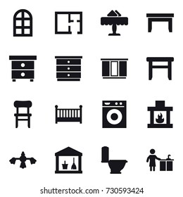 16 vector icon set : arch window, plan, restaurant, table, nightstand, chest of drawers, wardrobe, stool, chair, crib, washing machine, fireplace, hard reach place cleaning, utility room, toilet