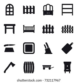 16 vector icon set : arch window, fence, dresser, rack, stool, crib, cutting board, knife holder, axe, barrel, trailer, hive