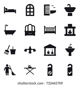 16 vector icon set : arch window, hotel, bath, dresser, crib, fireplace, bucket and broom, hard reach place cleaning, utility room, water tap sink, brooming, iron board, do not distrub, please clean
