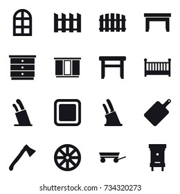 16 vector icon set : arch window, fence, table, chest of drawers, wardrobe, stool, crib, stands for knives, cutting board, knife holder, axe, wheel, trailer, hive
