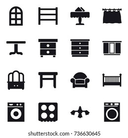 16 vector icon set : arch window, restaurant, curtain, table, nightstand, chest of drawers, wardrobe, dresser, stool, armchair, crib, washing machine, hard reach place cleaning