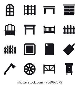16 vector icon set : arch window, table, chest of drawers, dresser, stool, crib, fence, cutting board, axe, wheel, farm fence, hive