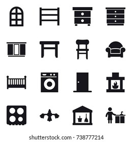 16 vector icon set : arch window, nightstand, chest of drawers, wardrobe, stool, chair, armchair, crib, washing machine, door, fireplace, hard reach place cleaning, utility room, kitchen cleaning 16 vector icon set : arch window, nightstand, chest of drawers, wardrobe, stool, chair, armchair, crib, washing machine, door, fireplace, hard reach place cleaning, utility room, kitchen cleaning