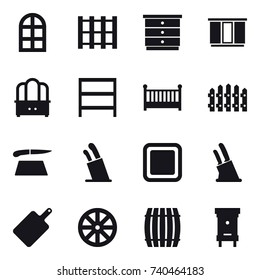 16 vector icon set : arch window, chest of drawers, wardrobe, dresser, rack, crib, fence, cutting board, stands for knives, knife holder, wheel, barrel, hive