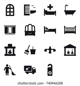 16 vector icon set : arch window, hotel, hospital, bath, wardrobe, dresser, bed, crib, fireplace, bucket and broom, hard reach place cleaning, utility room, brooming, home call cleaning