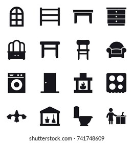 16 vector icon set : arch window, table, chest of drawers, dresser, stool, chair, armchair, washing machine, door, fireplace, hard reach place cleaning, utility room, toilet, kitchen cleaning