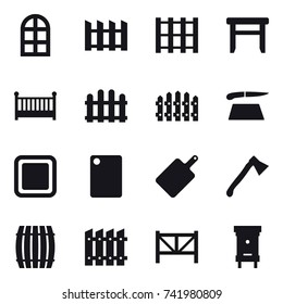 16 vector icon set : arch window, fence, stool, crib, cutting board, axe, barrel, farm fence, hive
