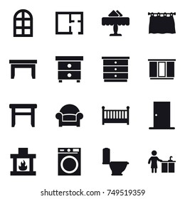 16 vector icon set : arch window, plan, restaurant, curtain, table, nightstand, chest of drawers, wardrobe, stool, armchair, crib, door, fireplace, washing machine, toilet, kitchen cleaning