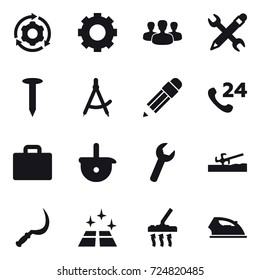 16 vector icon set : around gear, gear, group, pencil wrench, nail, draw compass, pencil, suitcase iocn, soil cutter, sickle, clean floor, vacuum cleaner, iron