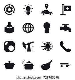 16 vector icon set : around gear, bulb, car pointer, globe, water tap, pan, steam pan, trailer