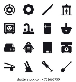 16 vector icon set : around gear, gear, detector, safe, water tap, fridge, kitchen scales, garlic clasp, knife holder, shovel