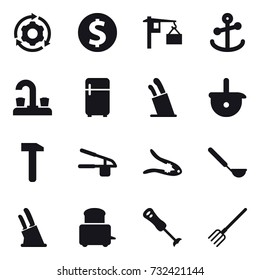 16 vector icon set : around gear, dollar coin, water tap, fridge, stands for knives, garlic clasp, walnut crack, ladle, knife holder, fork