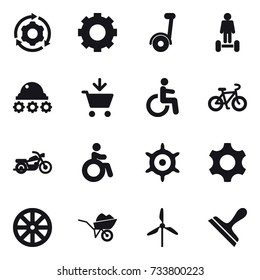 16 vector icon set : around gear, gear, segway, hoverboard, lunar rover, add to cart, bike, motorcycle, invalid, handwheel, wheel, wheelbarrow, windmill, scraper 16 vector icon set : around gear, gear, segway, hoverboard, lunar rover, add to cart, bike, motorcycle, invalid, handwheel, wheel, wheelbarrow, windmill, scraper