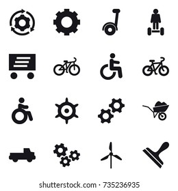 16 vector icon set : around gear, gear, segway, hoverboard, delivery, bike, invalid, handwheel, wheelbarrow, pickup, gears, windmill, scraper
