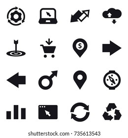 16 vector icon set : around gear, notebook, up down arrow, cloude service, target, add to cart, dollar pin, right arrow, left arrow, compass, reload, recycling