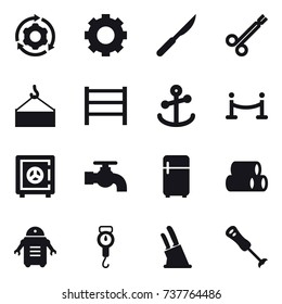 16 vector icon set : around gear, gear, vip fence, safe, water tap, fridge, handle scales, knife holder