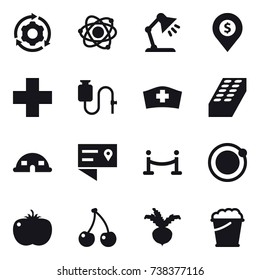 16 vector icon set : around gear, atom, table lamp, dollar pin, brick, dome house, vip fence, cherry, beet, foam bucket