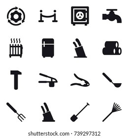 16 vector icon set : around gear, vip fence, safe, water tap, radiator, fridge, stands for knives, garlic clasp, walnut crack, ladle, big fork, knife holder, shovel, rake