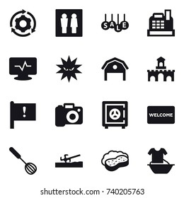 16 vector icon set : around gear, wc, sale, cashbox, barn, fort, camera, safe, welcome mat, whisk, soil cutter, sponge with foam, handle washing