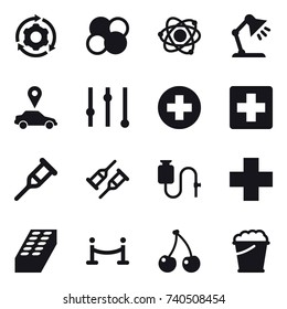 16 vector icon set : around gear, atom core, atom, table lamp, car pointer, equalizer, brick, vip fence, cherry, foam bucket