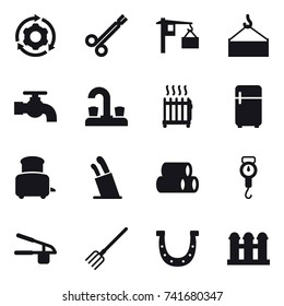 16 vector icon set : around gear, water tap, radiator, fridge, toaster, stands for knives, handle scales, garlic clasp, fork, horseshoe, grain elevator